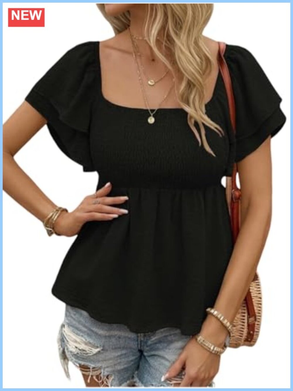 Square Neck Ruffle Short Sleeve Peplum Top Smocked Babydoll Blouse